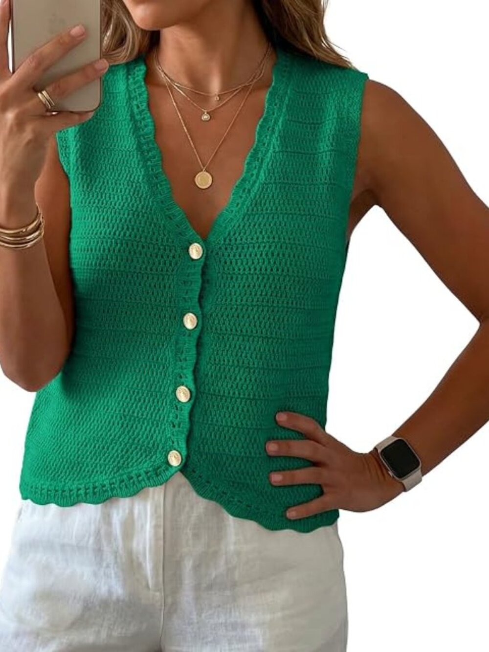 GRECERELLE Women's Summer Sleeveless V Neck Sweater Vest (L) Bright Green